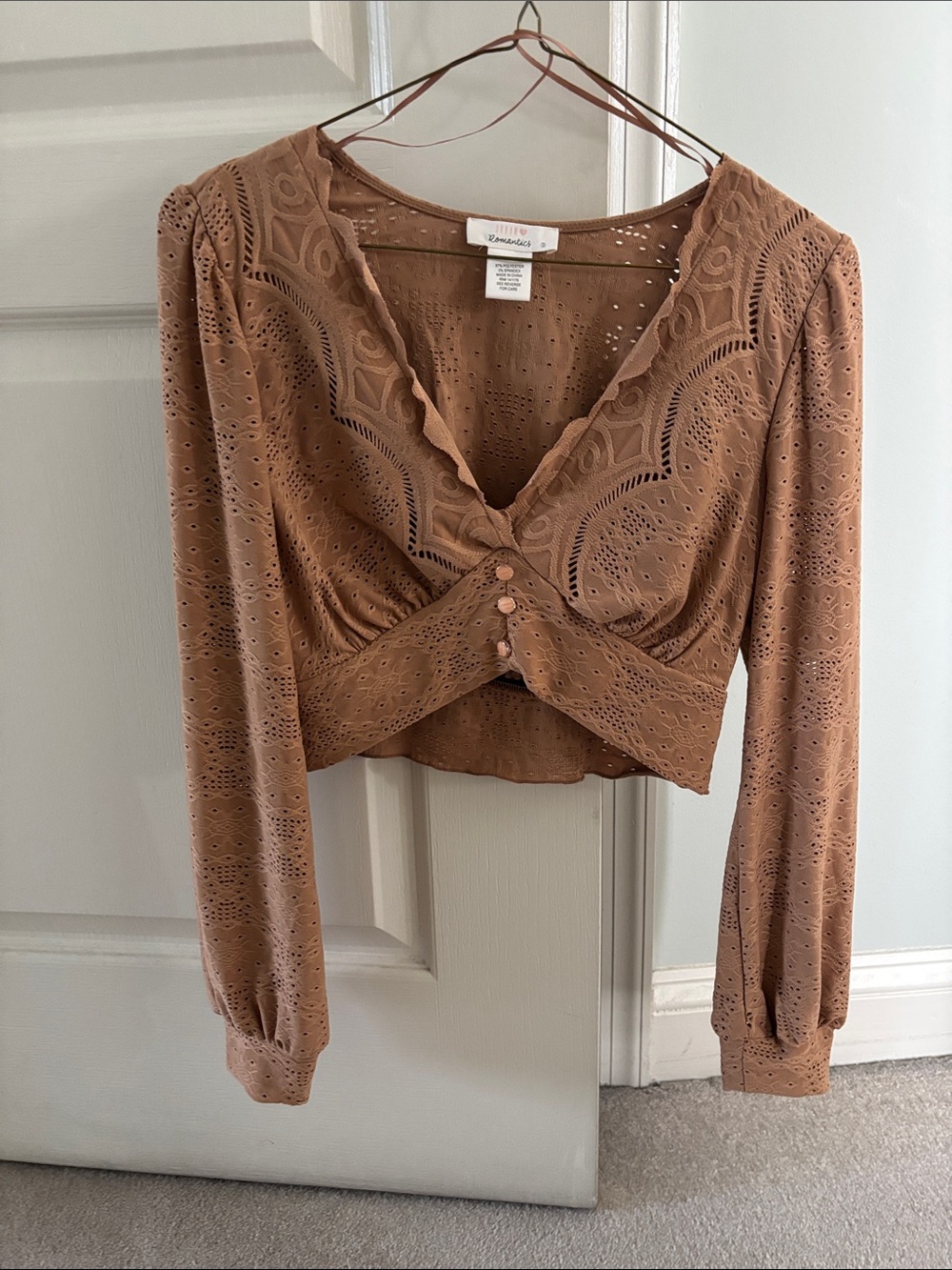 URBAN Romantics Brown Eyelet Lace Cropped Button-Front Blouse